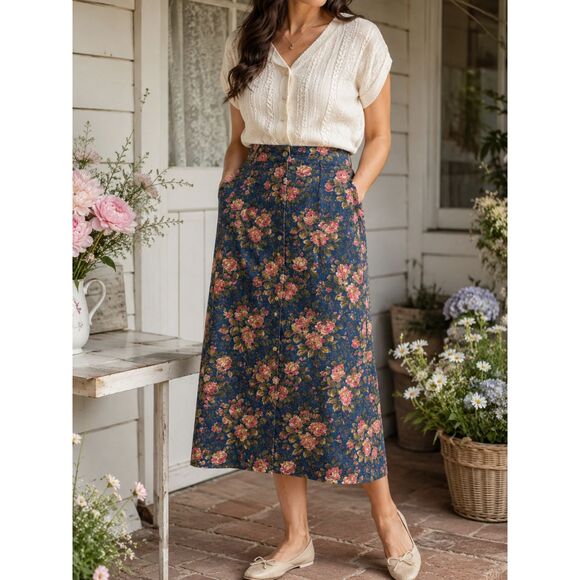 Orvis Dresses & Skirts - Vintage Orvis Floral Denim Midi Skirt Rose Print Button Front Cotton Cottagecore